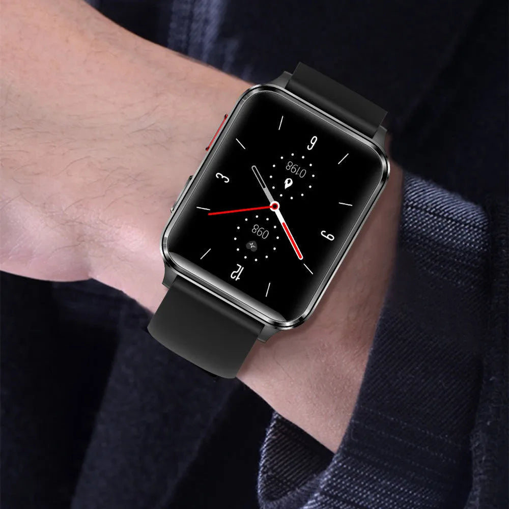Multi-sport smartwatch with 1.7 inch tempered glass screen showing heart rate monitoring display