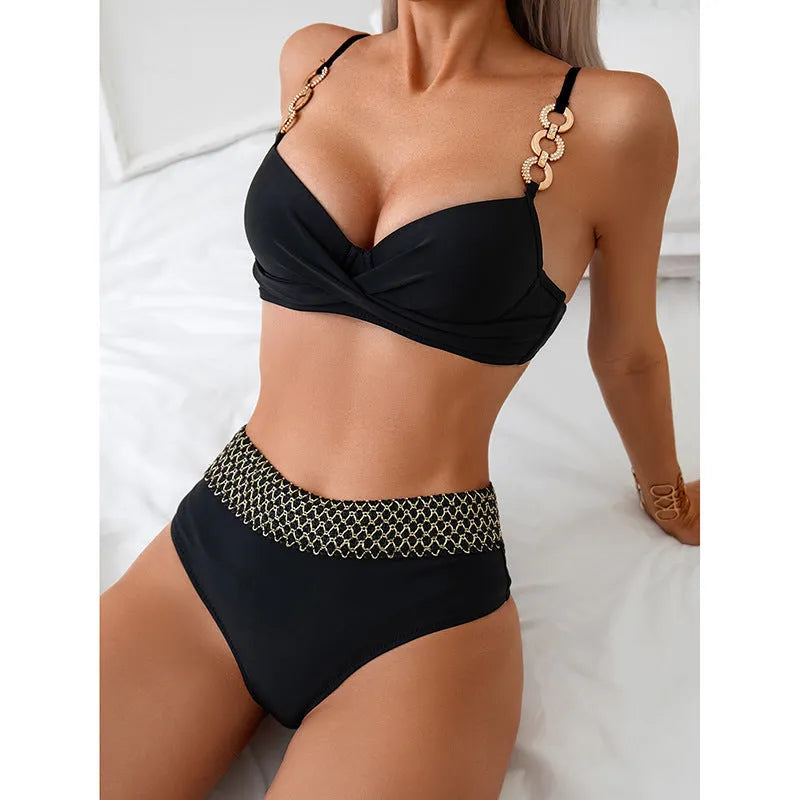 Black two-piece bikini swimsuit set with sleeveless top and briefs on a mannequin