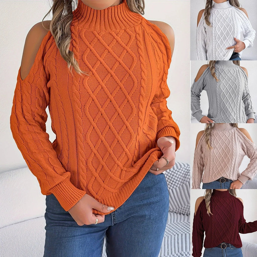 A woman's strapless, twisted-knit sweater with long lantern sleeves and a half-high collar.