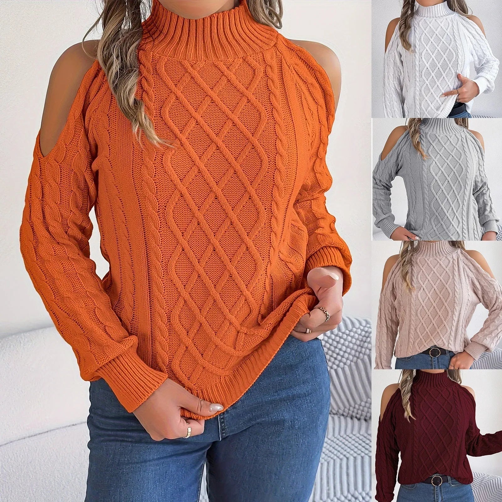 A woman's strapless, twisted-knit sweater with long lantern sleeves and a half-high collar.