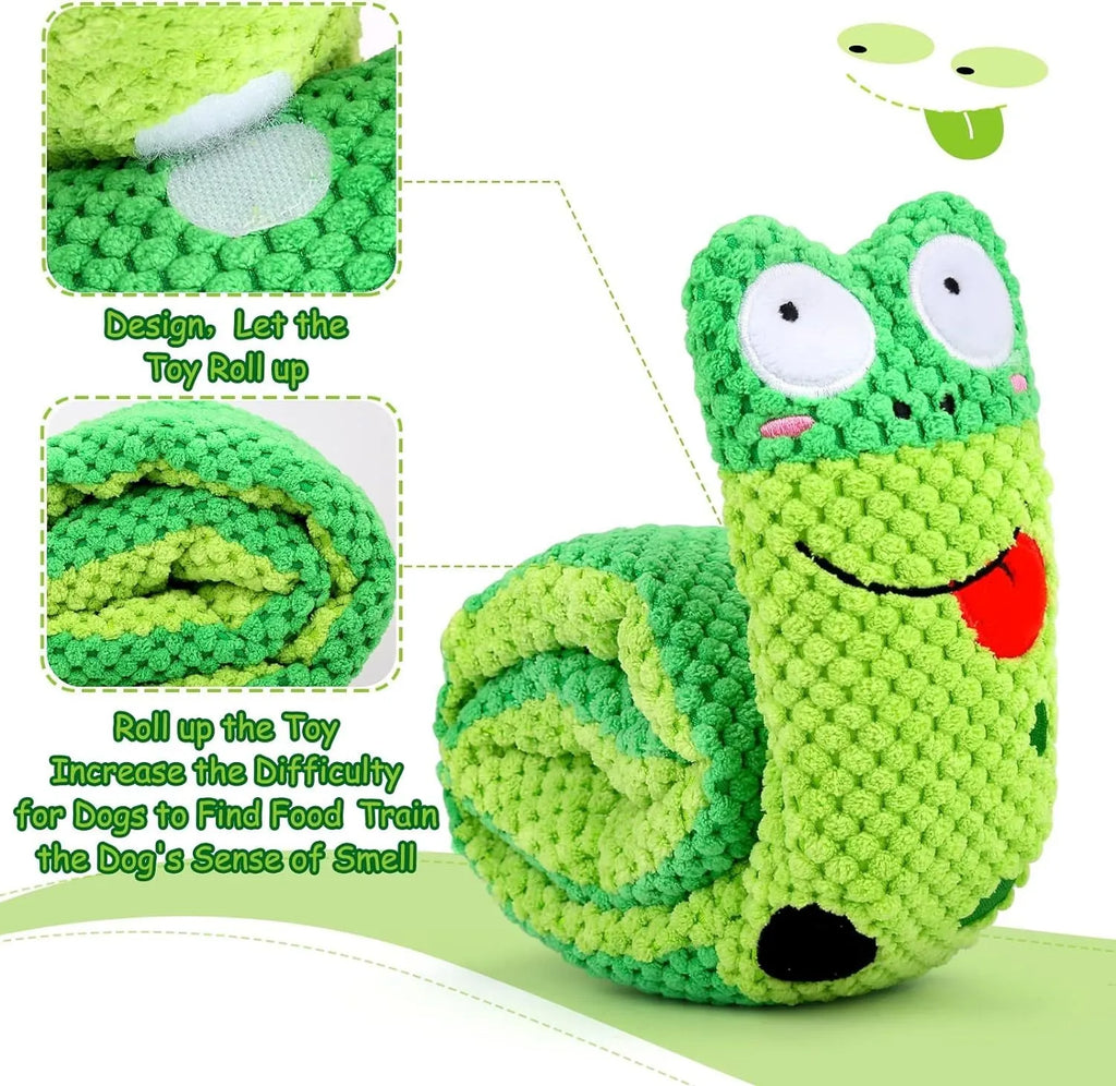 Squeak dog puzzle toy in frog snail or snake design with foraging holes and transformable shape