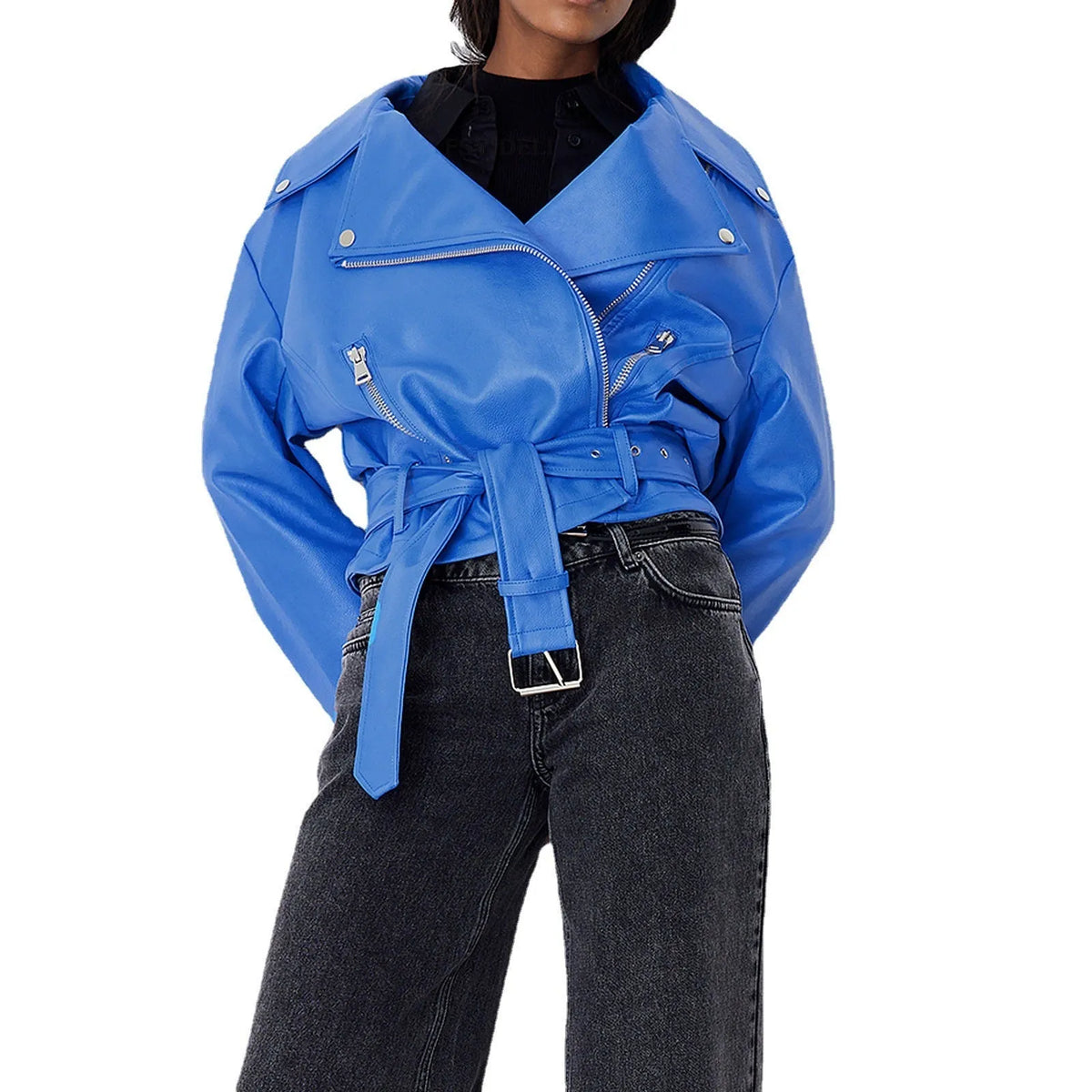 Black punk locomotive style jacket with a Peter Pan collar and an adjustable belt.