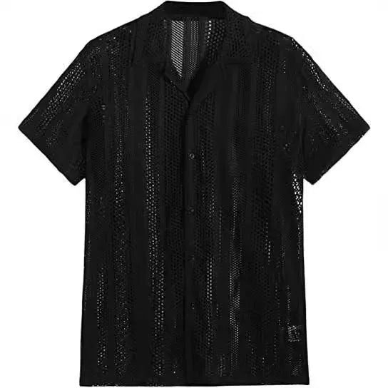 Men's black knitted short-sleeve button shirt with jacquard texture and cardigan style