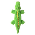 Green crocodile-shaped plush dog toy with no stuffing, featuring a squeaker and crinkle paper for interactive play.