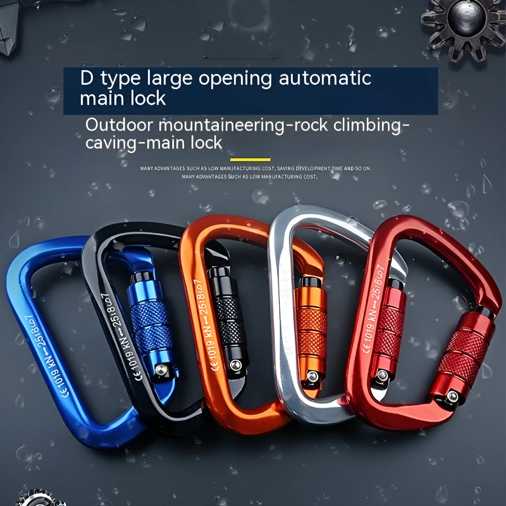 Silver red D-ring screwgate climbing carabiner with automatic locking mechanism