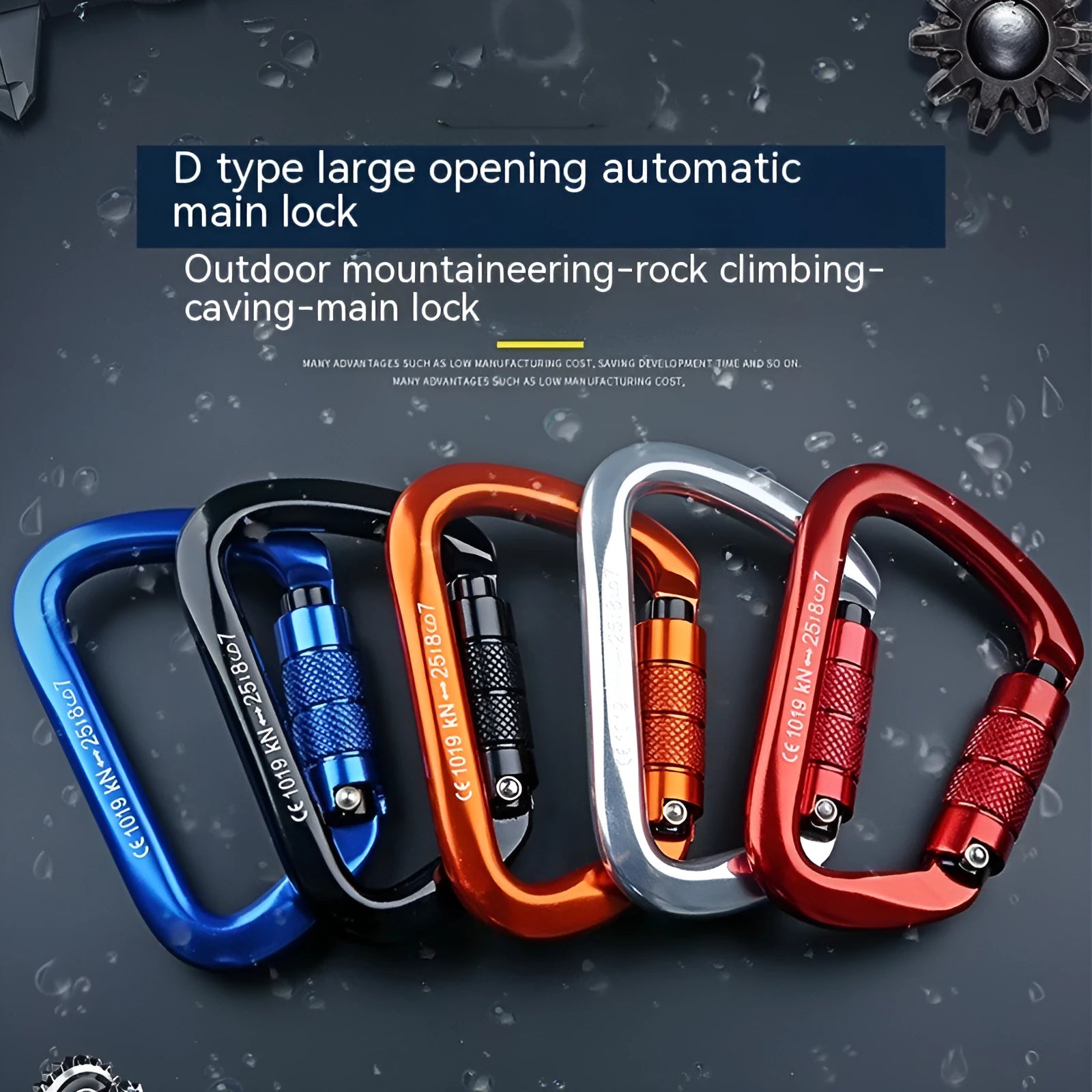 Silver red D-ring screwgate climbing carabiner with automatic locking mechanism
