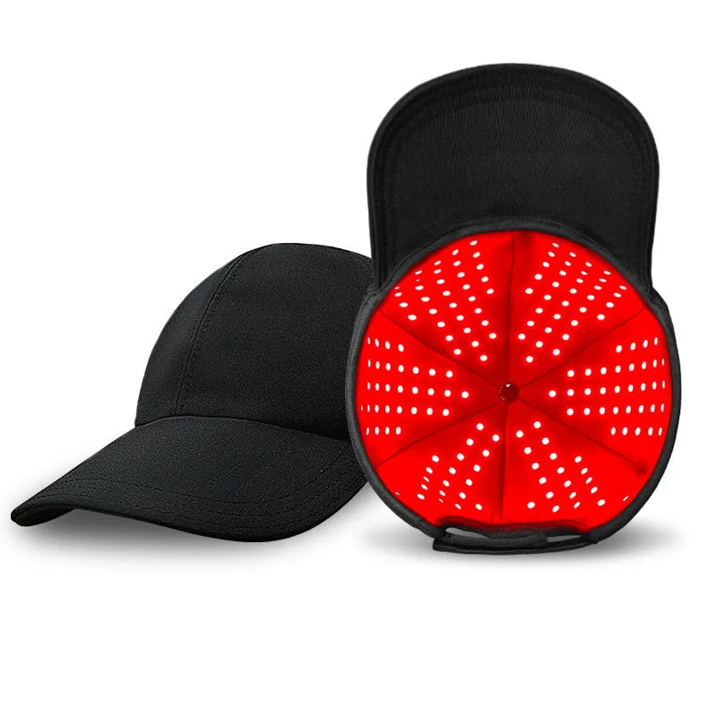 Black infrared peaked cap with LED lights for hair growth therapy treatment