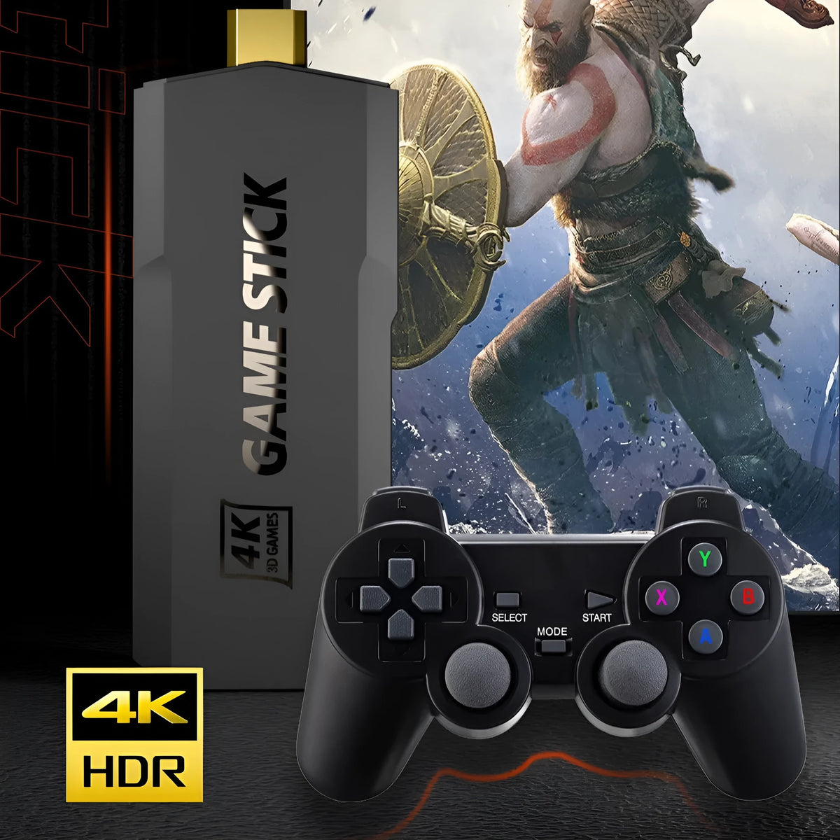 HD home TV game console with wireless controller on television stand