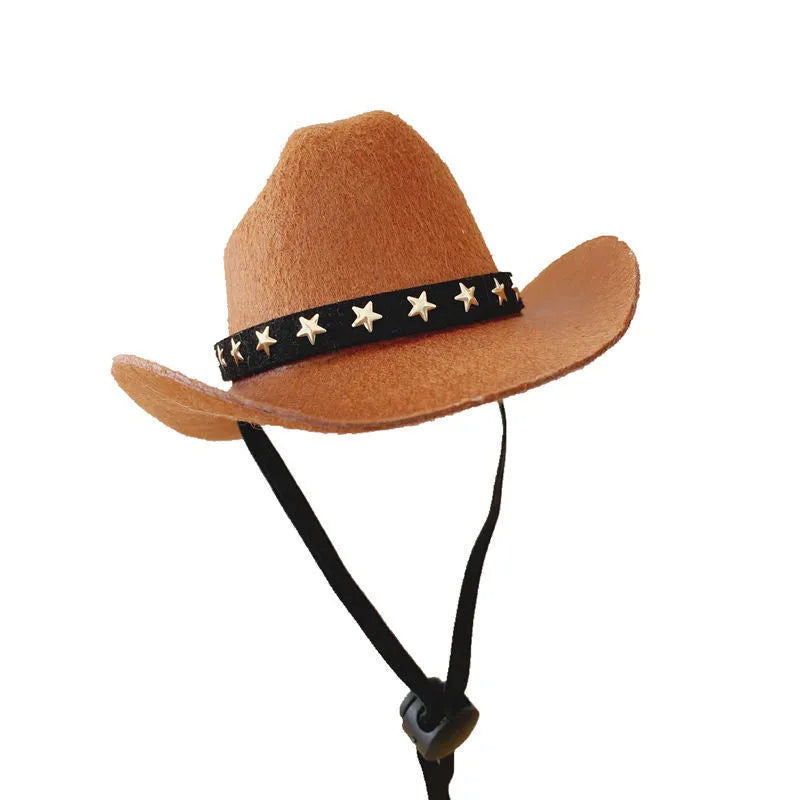 British-style brown cowboy hat for a cat on a mannequin head.