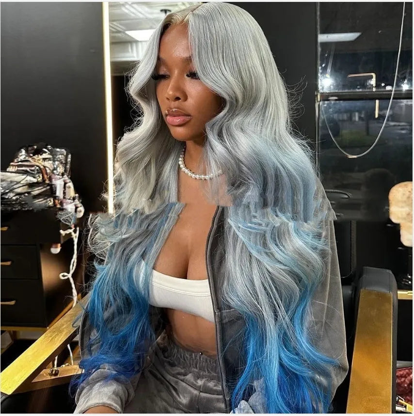 Grey blue gradient ombre human hair wig with lace front construction shown at 22 inch length