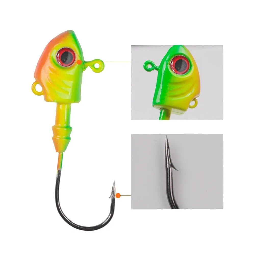 Yayu shaped lead head fishing hook lure in blue, silver, and yellow colours showing fish simulation design.