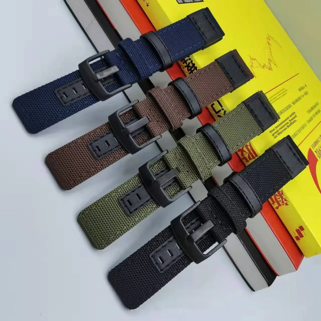 Nylon Oxford cloth watch strap in multiple colours and sizes on a watch.