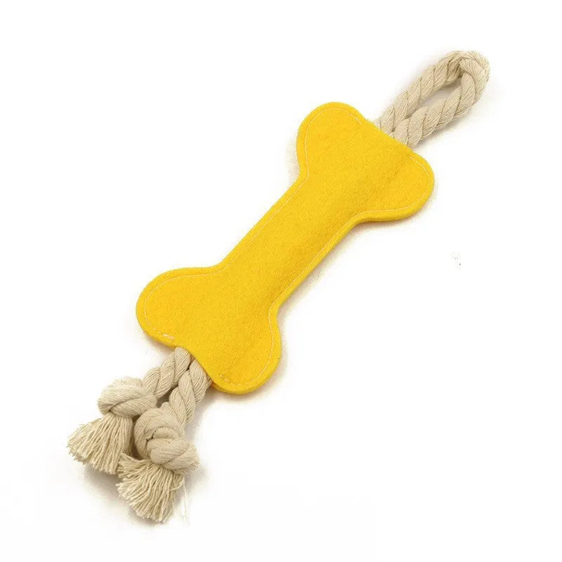 Durable bone-shaped dog chew toy made of felt and rope knots in blue, for bite resistance training.