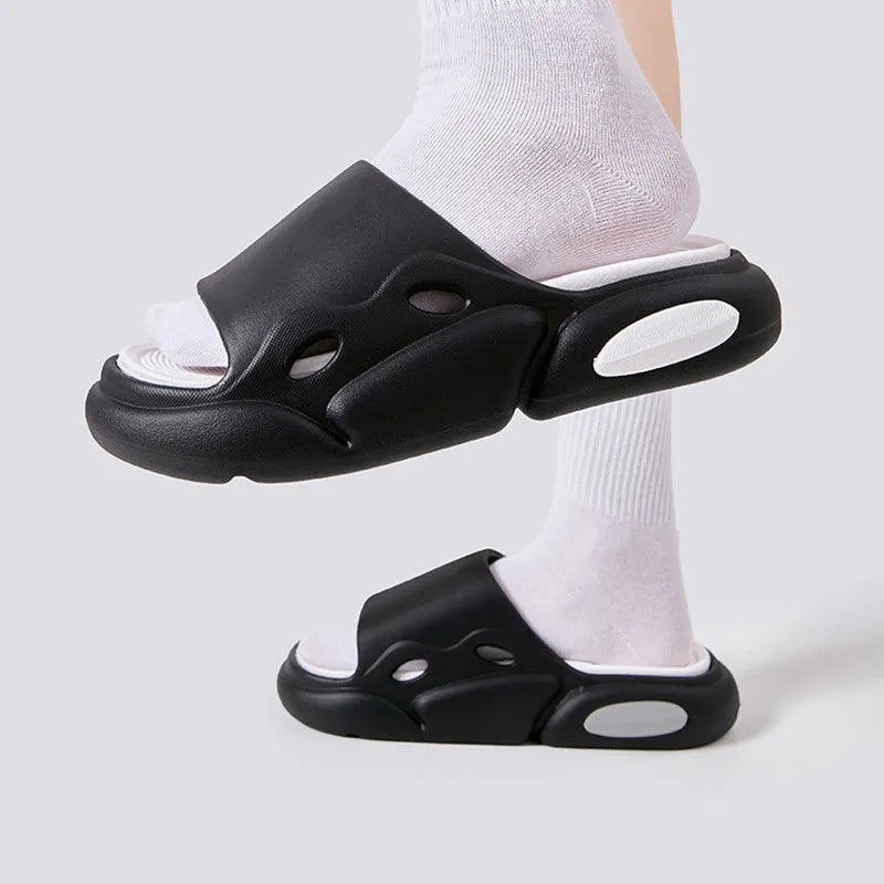 Women's and men's two-colour thick-soled EVA slippers with leather lining in pink purple, white green, or black white colour options.