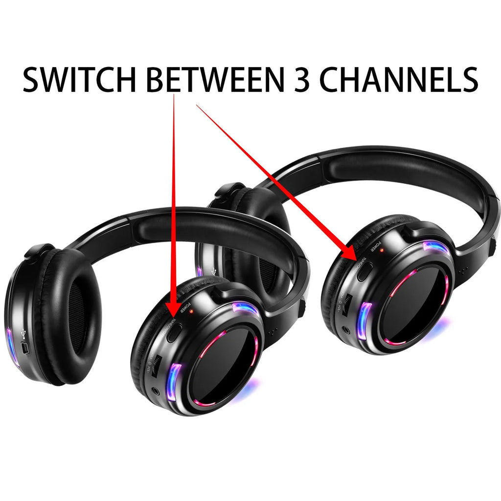 Black silent disco wireless headphones with 40mm drivers and a 3.5mm plug on a 3 metre cable