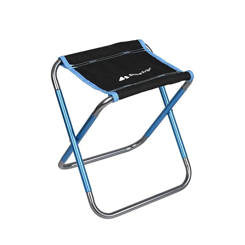 Black aluminium alloy folding camping stool shown in open and folded positions.