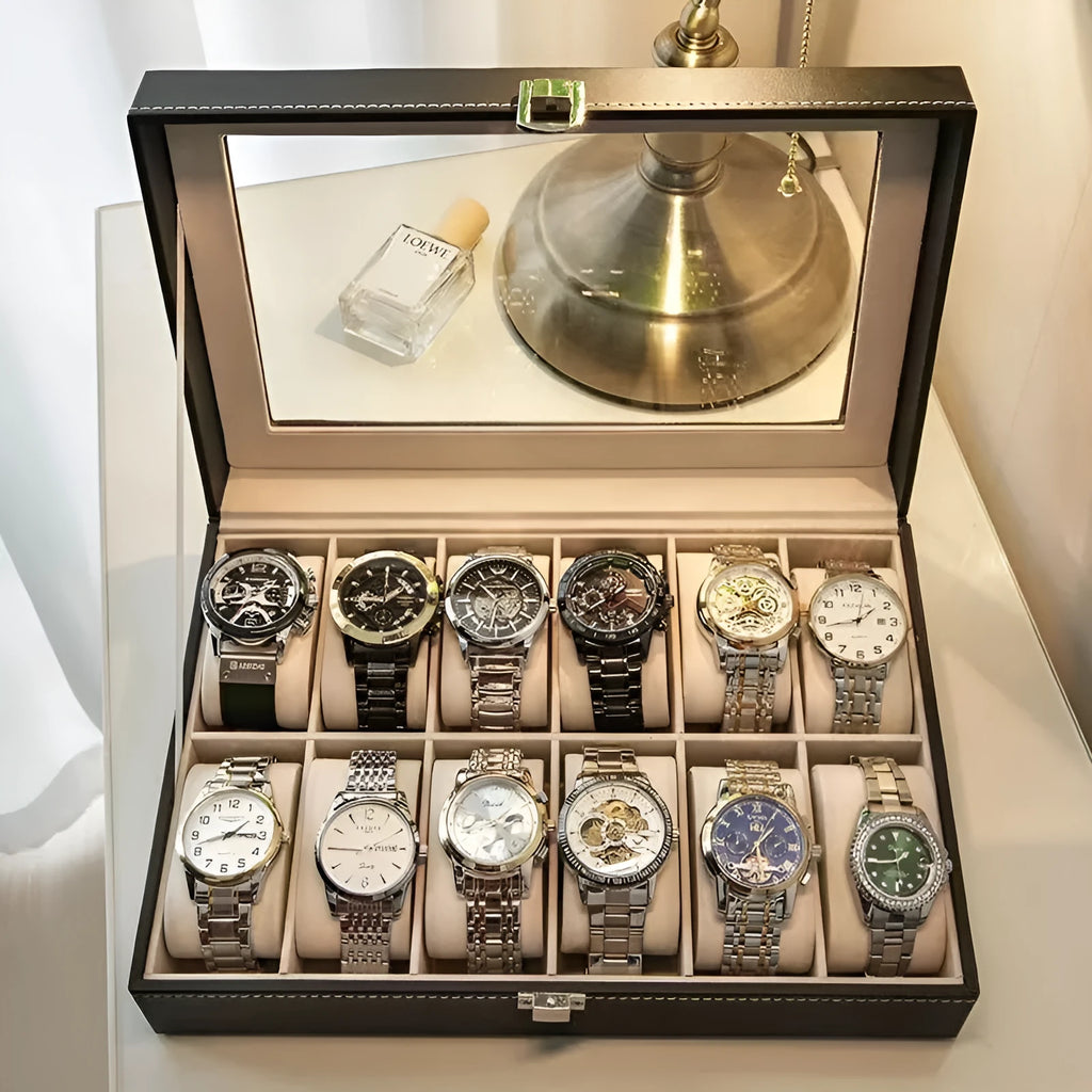 Grey high-grade leather watch storage box with transparent lid showing watch slots inside.