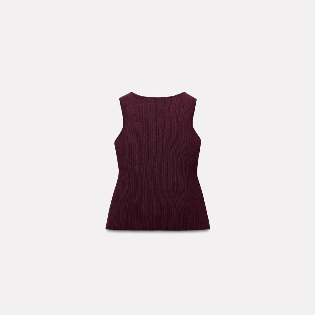 Women's dark red sleeveless sweater vest with gold buttons and slim fit design