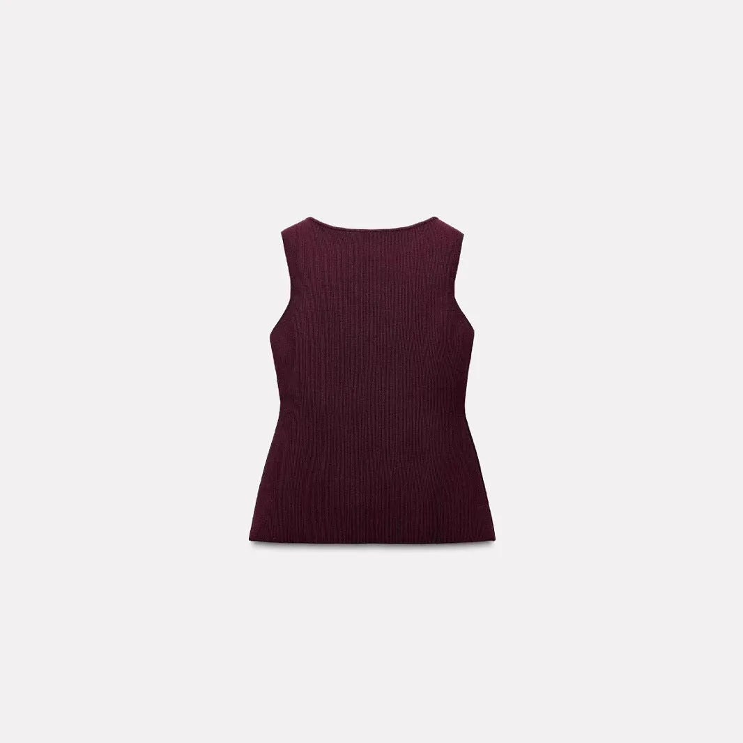 Women's dark red sleeveless sweater vest with gold buttons and slim fit design