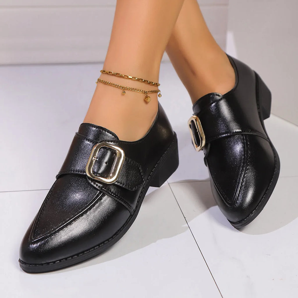 Women's simple leather shoes with bow decoration in British style, showing pointed toe and rubber sole
