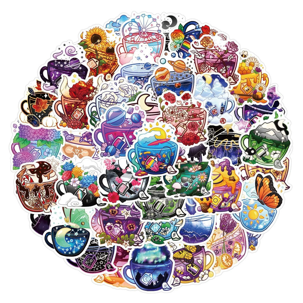 50 piece pack of colourful tea cup graffiti waterproof stickers for sports scooters and luggage in Nordic style