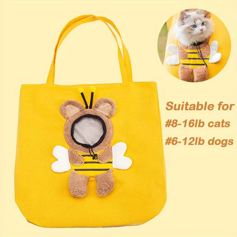Canvas pet carrier bag with safety zippers, adjustable side opening, and 3D animal pattern in blue, grey, or yellow.