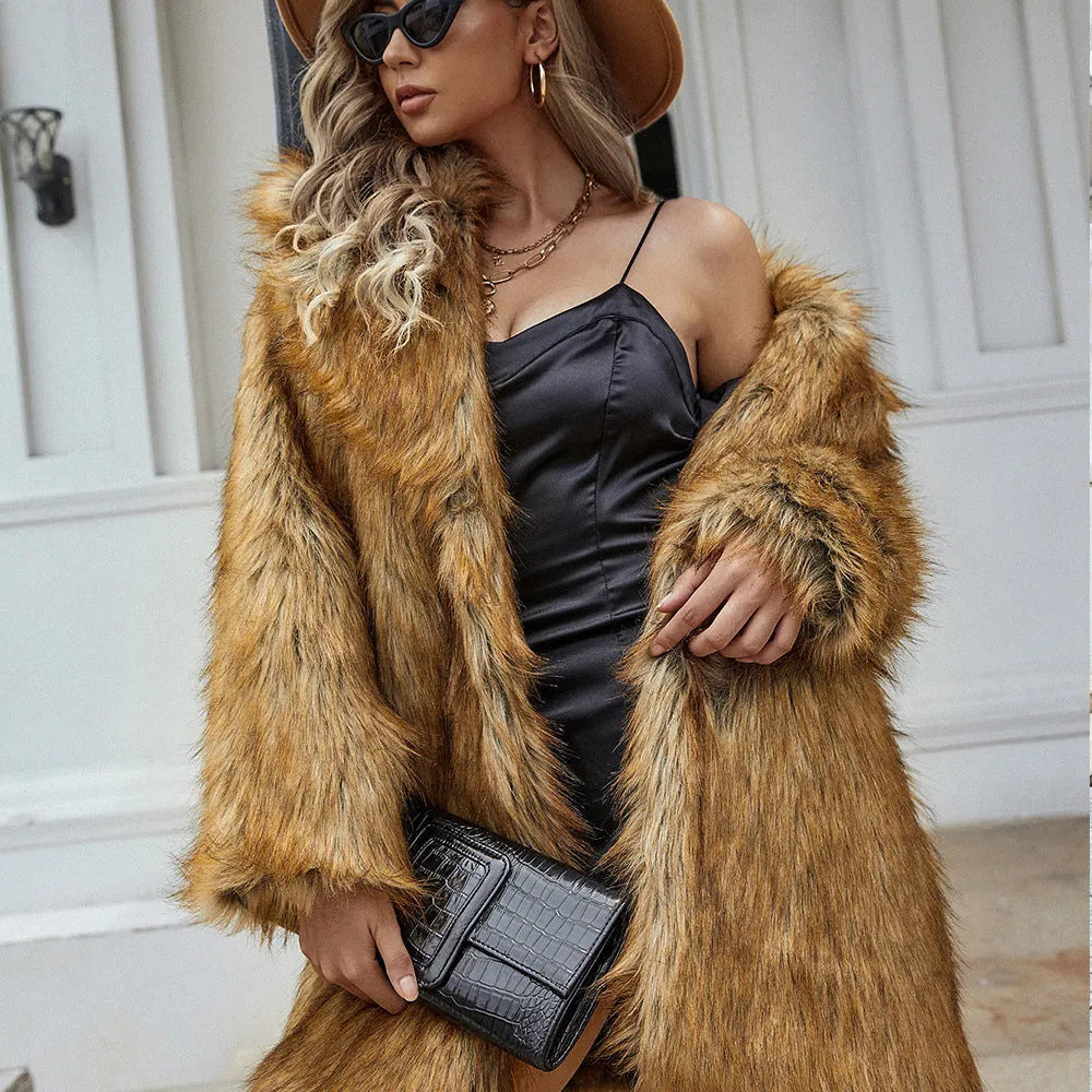 Yellow women's faux fur coat with loose fit and regular sleeves, 80cm length