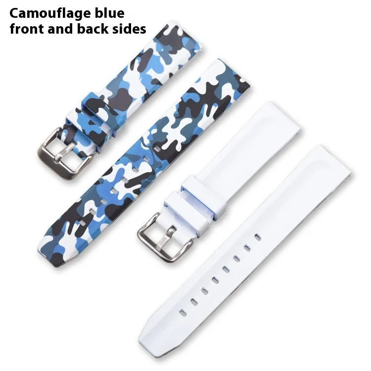 Green camouflage silicone watch strap with flat head design showing 20mm width and adjustable length
