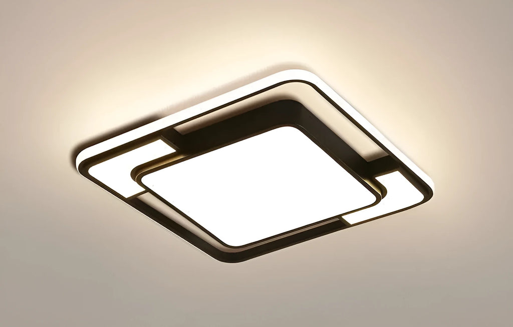 White square LED ceiling lamp with a flush mount design for living room or bedroom.