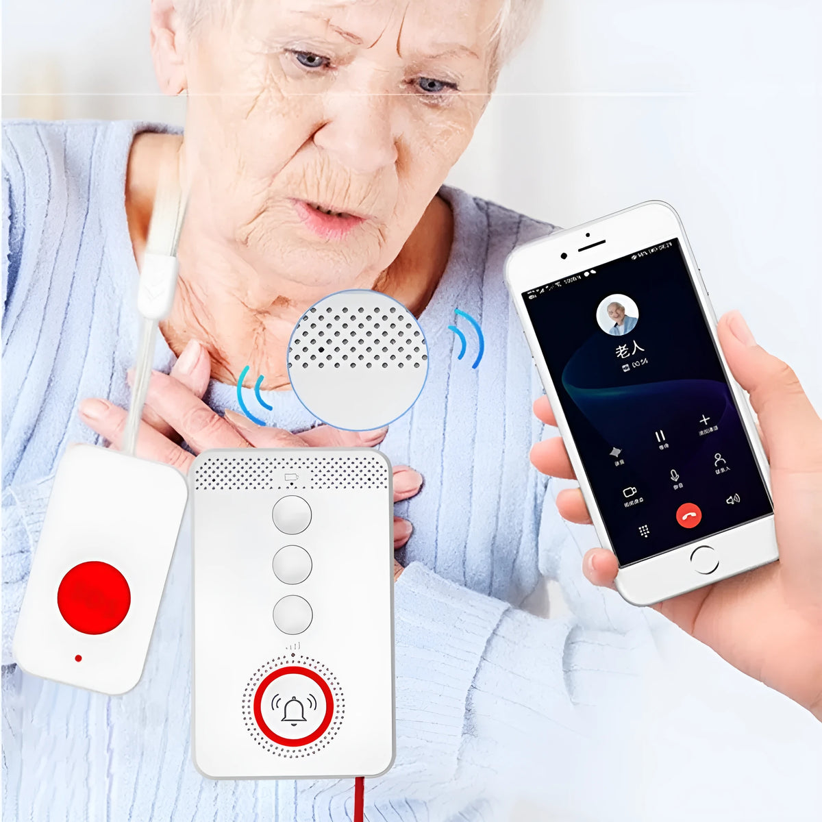 White emergency alert device with buzzer and three portable buttons for elderly care