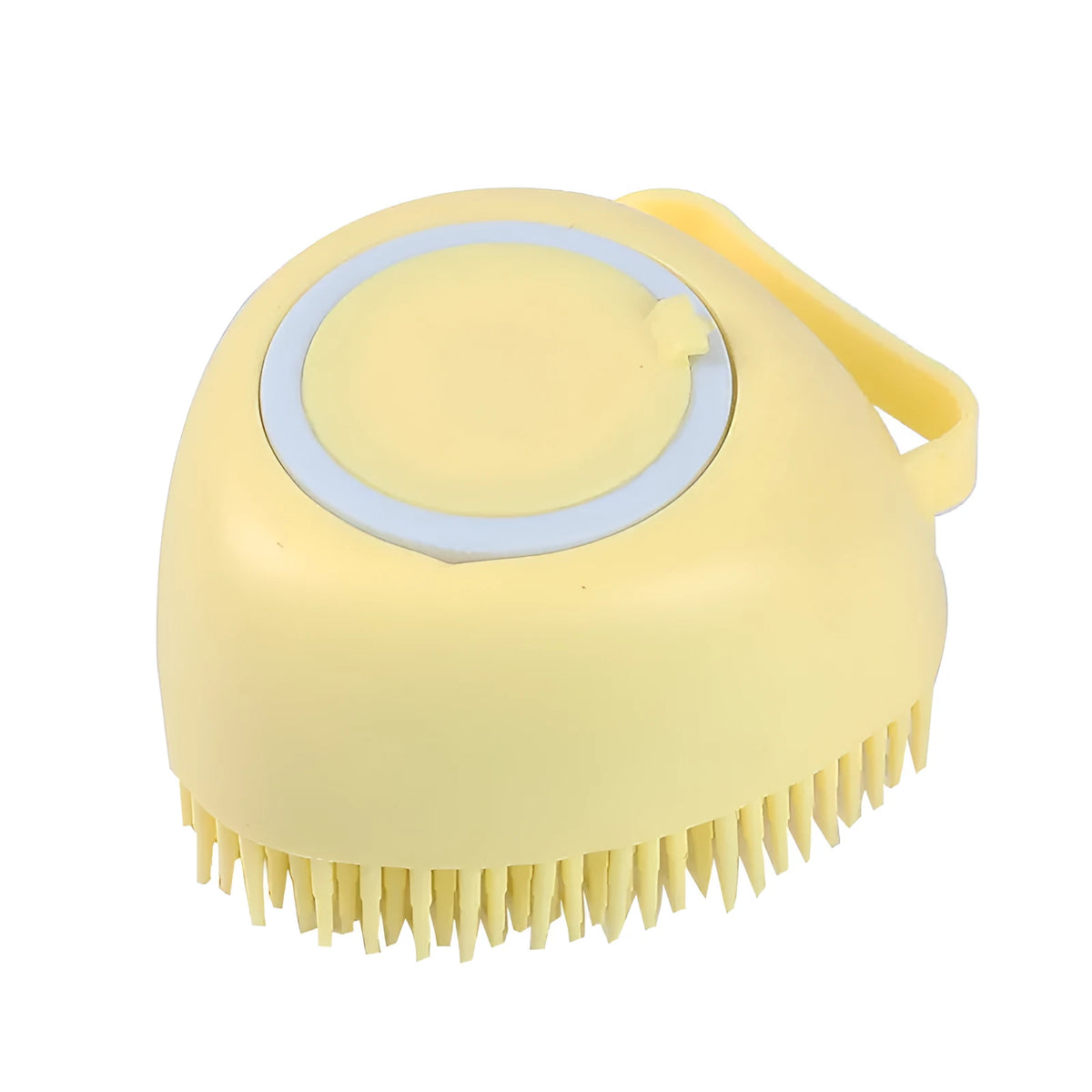 Blue silicone dog bath brush fitting over fingers for pet washing and massage