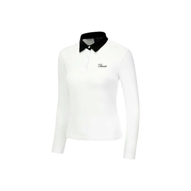 Women's white long sleeve golf top with slim fit for outdoor sports activities