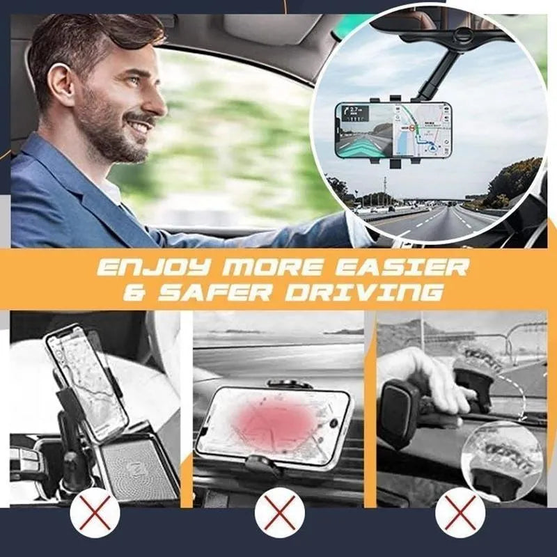 Black rearview mirror car phone holder showing 360 rotation and extended telescopic arm