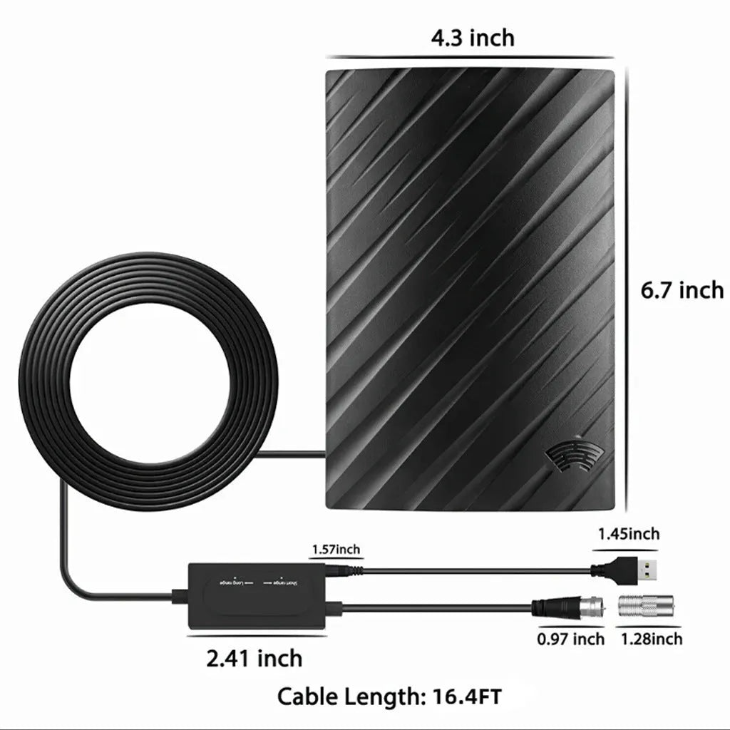 Black plastic digital television antenna with HD reception and mounting accessories