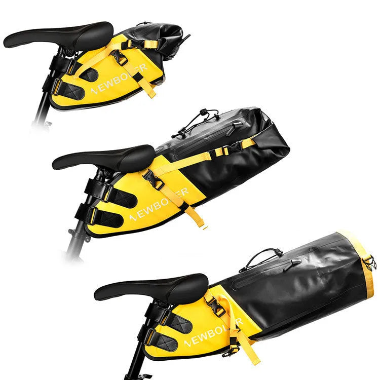 Waterproof PVC cycling tail bag with 13L capacity in black, green, or yellow colour options