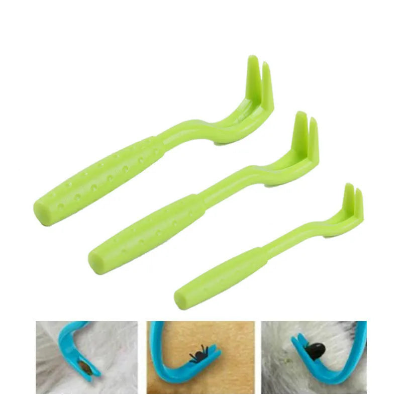 Three blue and green plastic tick removal clips with hook design for pets.