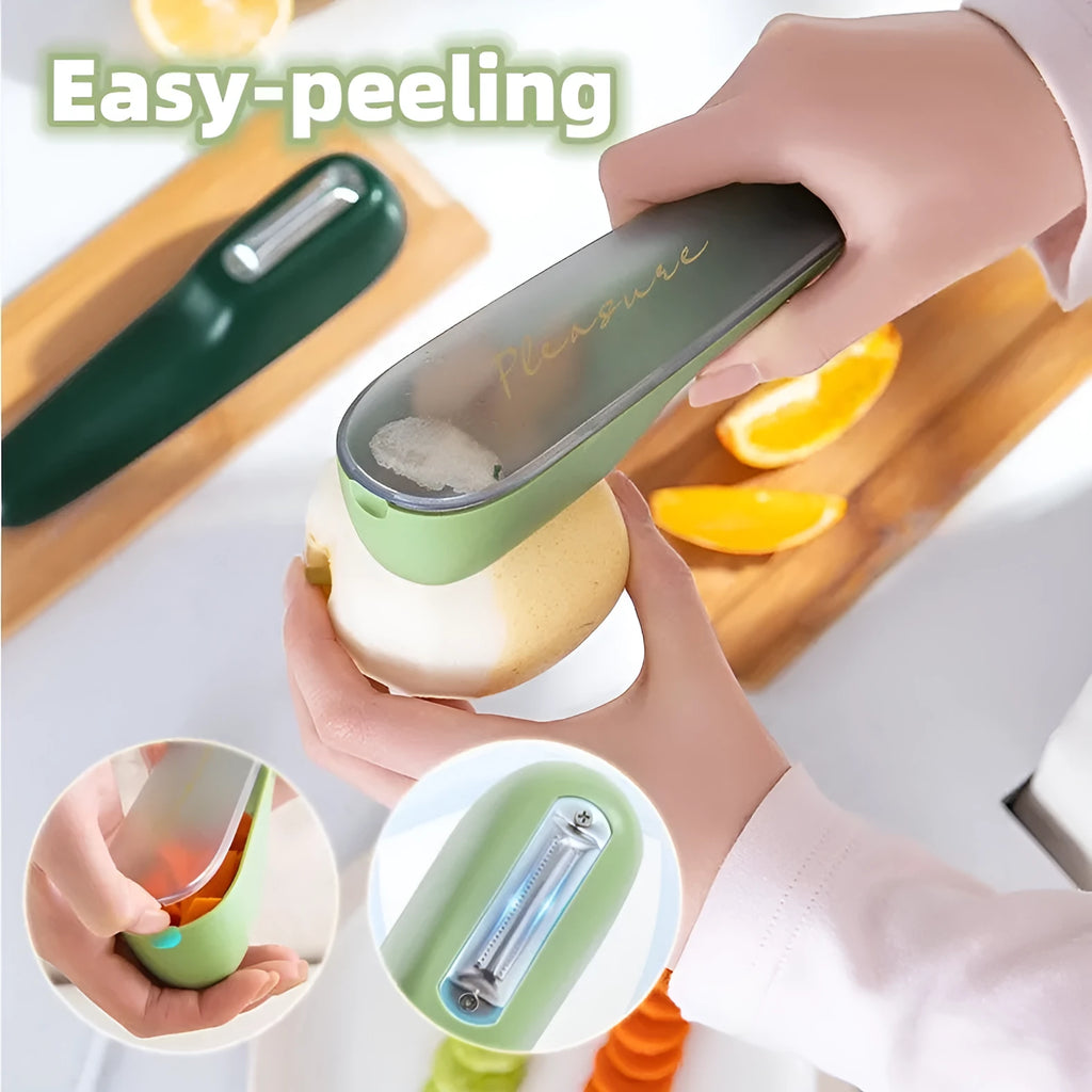 Dark green fruit vegetable peeler with storage tube showing stainless steel blade and hanging hole
