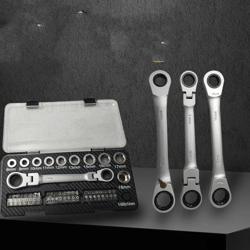 Dual-purpose ratchet wrench set with reversible handle, ten sockets, and three screwdriver bit heads laid out.