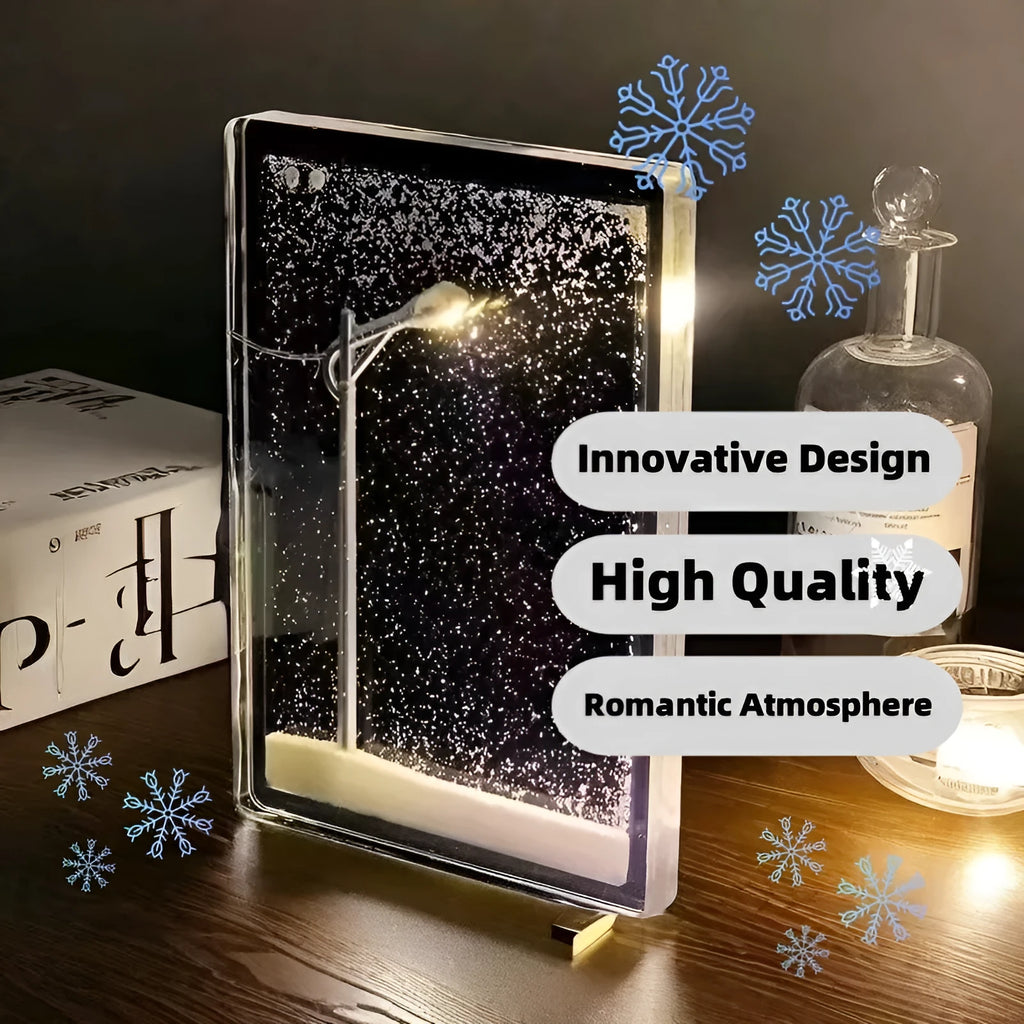 DIY snowy night light kit showing miniature landscape with LED illumination for desktop decoration