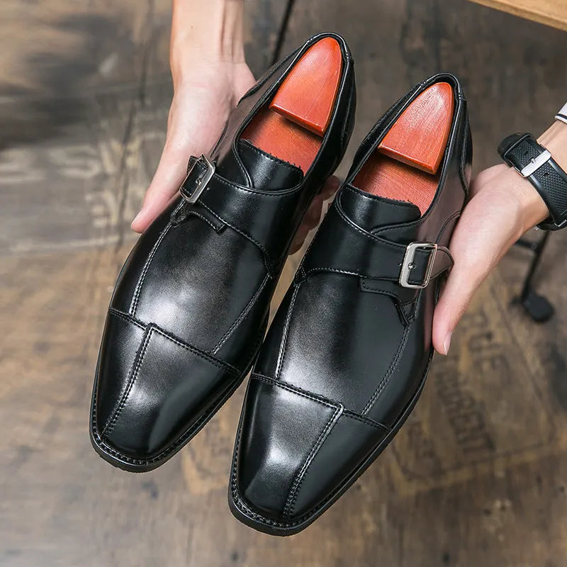 Men's brown-blue and black retro buckle casual leather shoes with tall crown