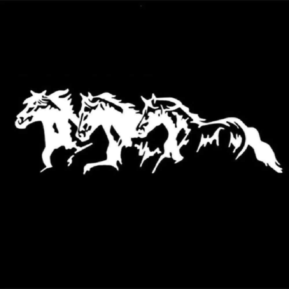 Three Horses car decal sticker with steed design in black, white, red, or blue, showing 25x8cm size.