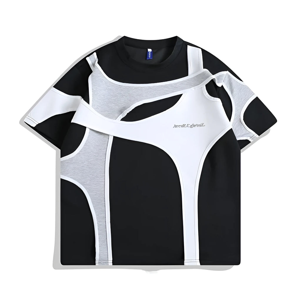 Man wearing a black loose fit short sleeve t-shirt with double stitching and padded shoulders.