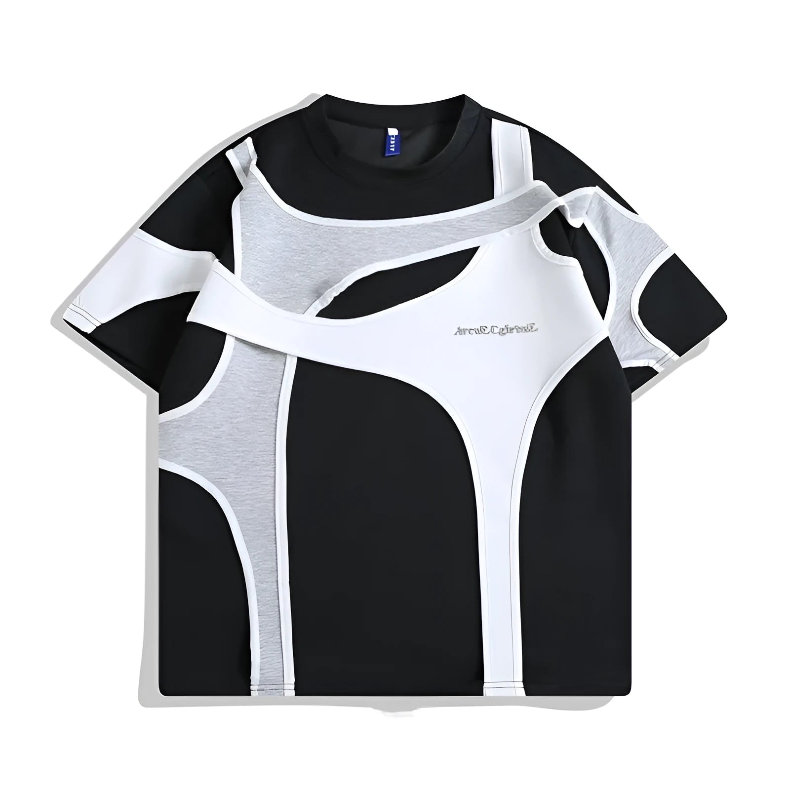 Man wearing a black loose fit short sleeve t-shirt with double stitching and padded shoulders.