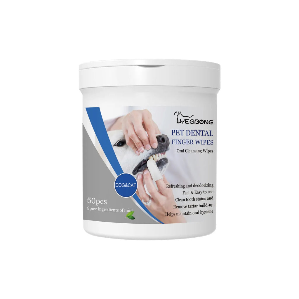 Canister containing 50 disposable finger stall wipes for dog teeth cleaning and oral care