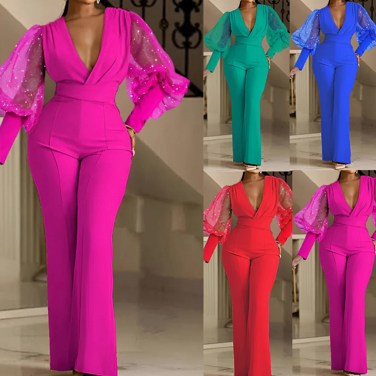 Red women's long sleeve jumpsuit with mesh stitching detail on sleeves and wide leg trousers.