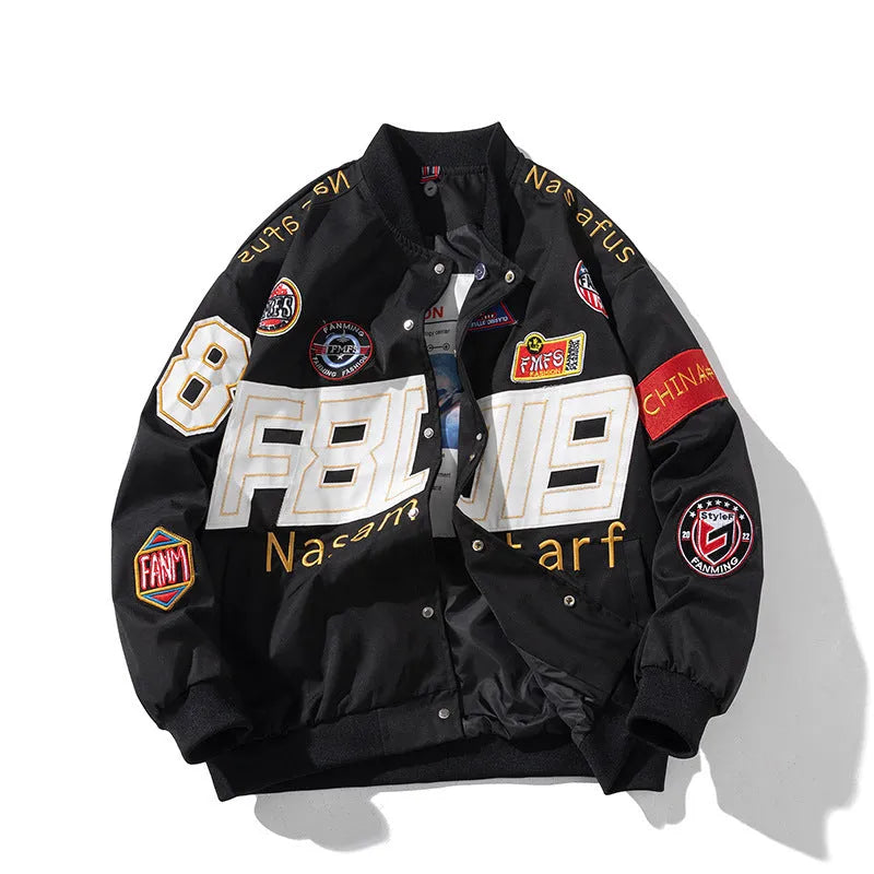American motorcycle baseball uniform jacket in loose fit with detachable hood option