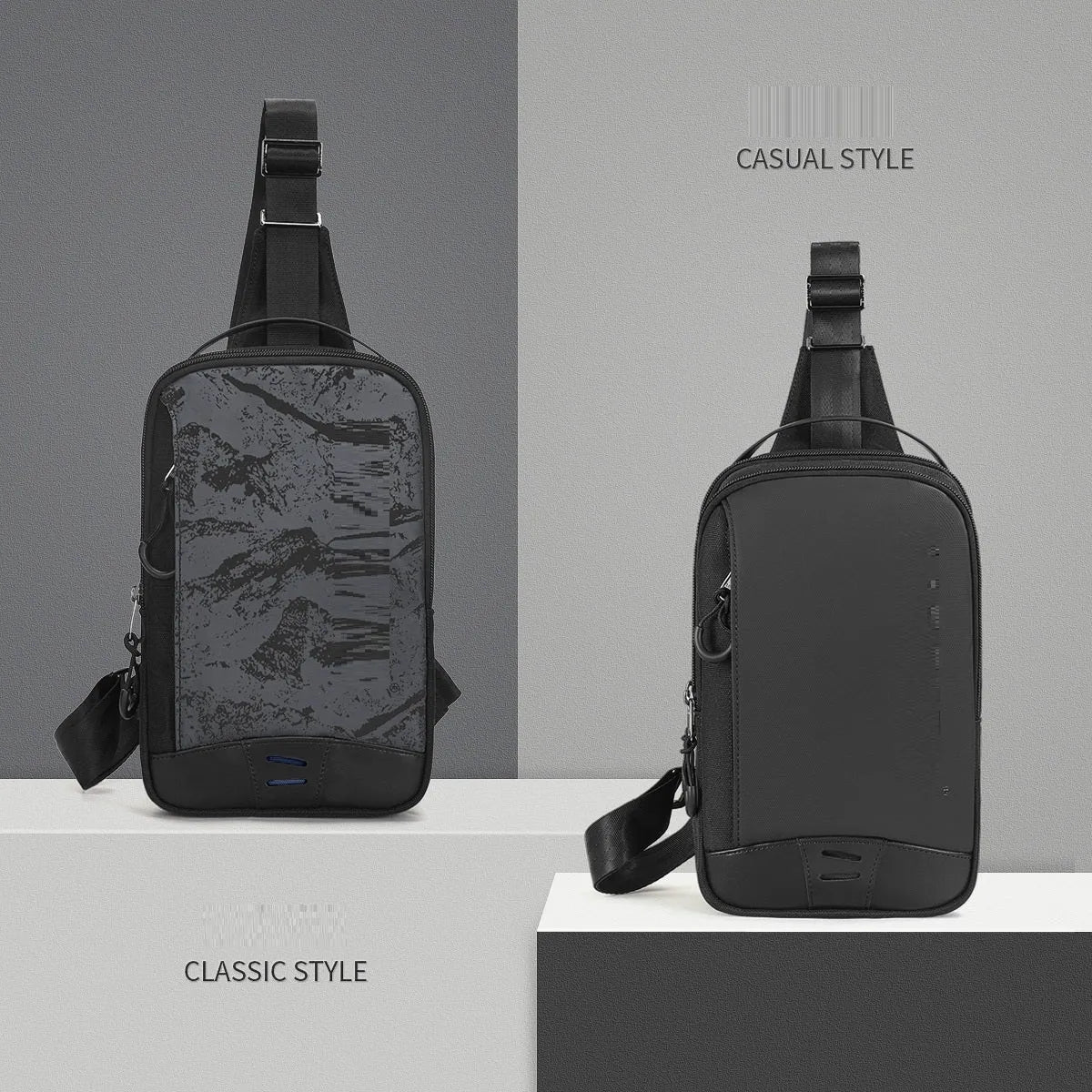 Casual black TPU chest bag with single shoulder strap and soft handle.