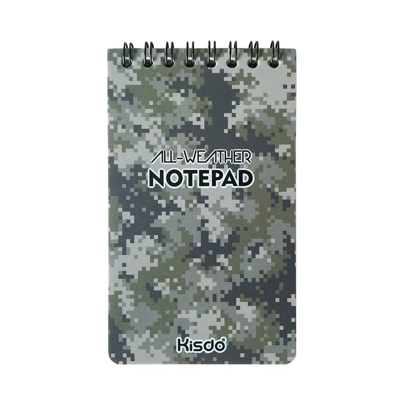 Spiral-bound waterproof office notepad with stone paper, shown in various colour options including black and camouflage.