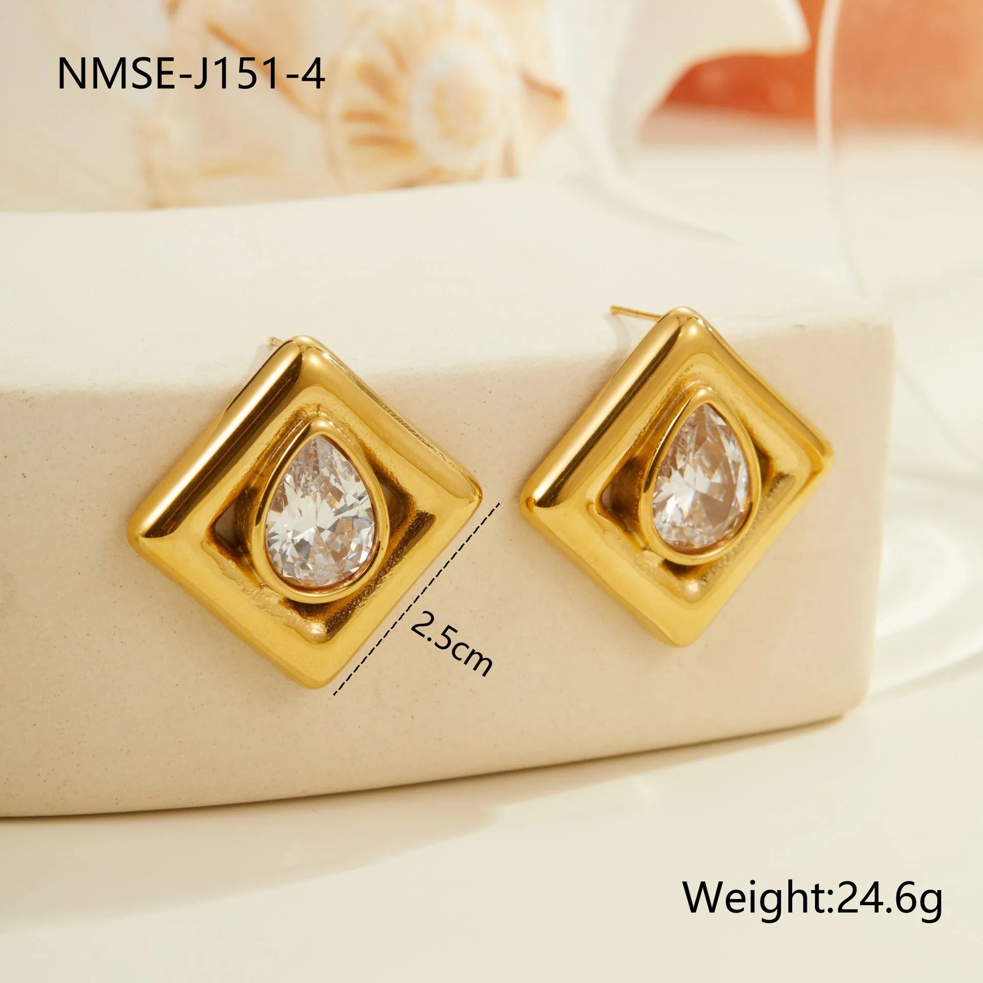 Gold geometric stud earrings with water drop zircon inlays on stainless steel with 18K electroplated finish
