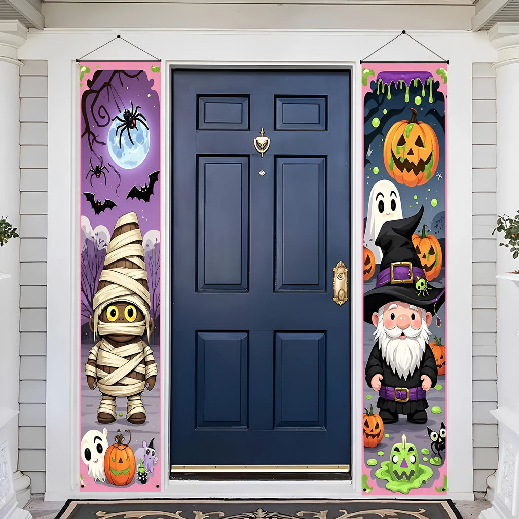 Pair of polyester Halloween couplet banners measuring 30x180cm each for seasonal decoration displays
